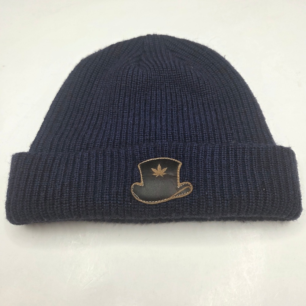 Brist MFG THC Alaska Beanie Hat OS Navy Blue Ribbed Knit Leather Patch Leaf Logo